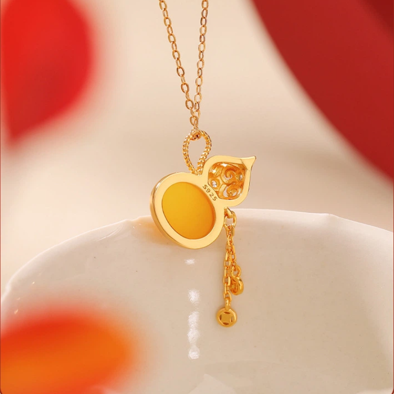 TerraDharma "Blessing Container & Fortune Gathering" Amber / Blood Amber of Gourd-shaped Pendant Nacklace with Tassel