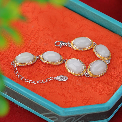 Natural Cabochon Hetian Jade Bracelet (with Silver-Gilded Tang Dynasty Scroll Grass Pattern)