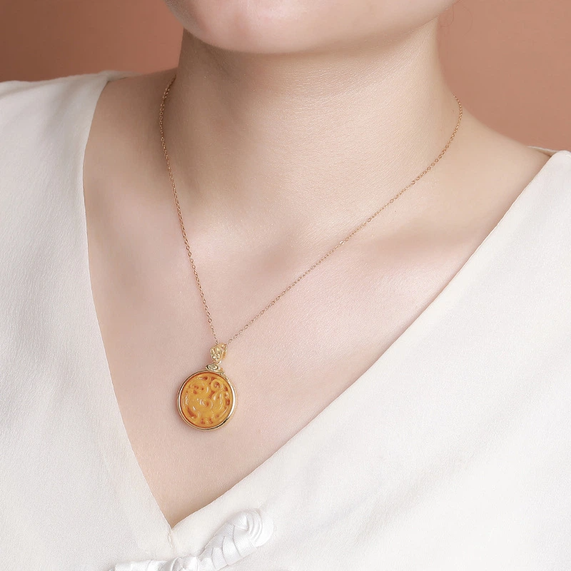 TerraDharma "Divine Prosperity & Wealth-Attracting Blessing" Amber of Auspicious Dragon with Six-Syllable Mantra Pendant Nacklace