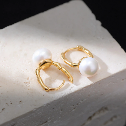 Freshwater Pearl & Gold - Plated Bamboo Hoop Earrings