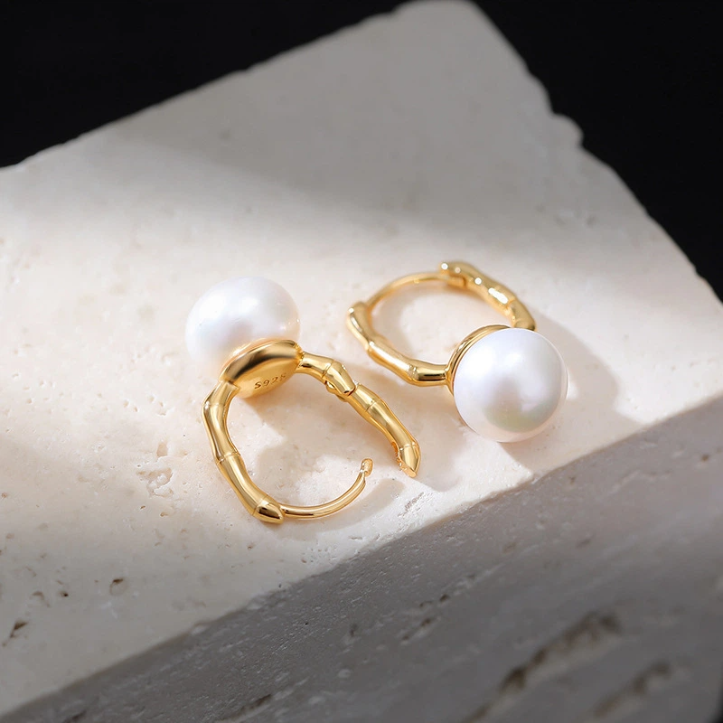 TerraDharma "Elegant Prosperity & Vitality Abundance" Freshwater Pearl & Gold - Plated Bamboo Hoop Earrings