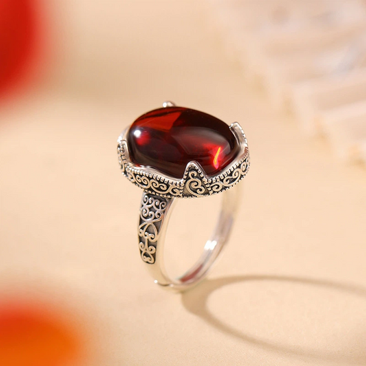 Blood Amber Egg-shaped silver ring