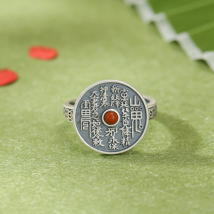 Natural South Red Agate with Mountain Ghost Amulet Coin Ring (with Sterling Silver)