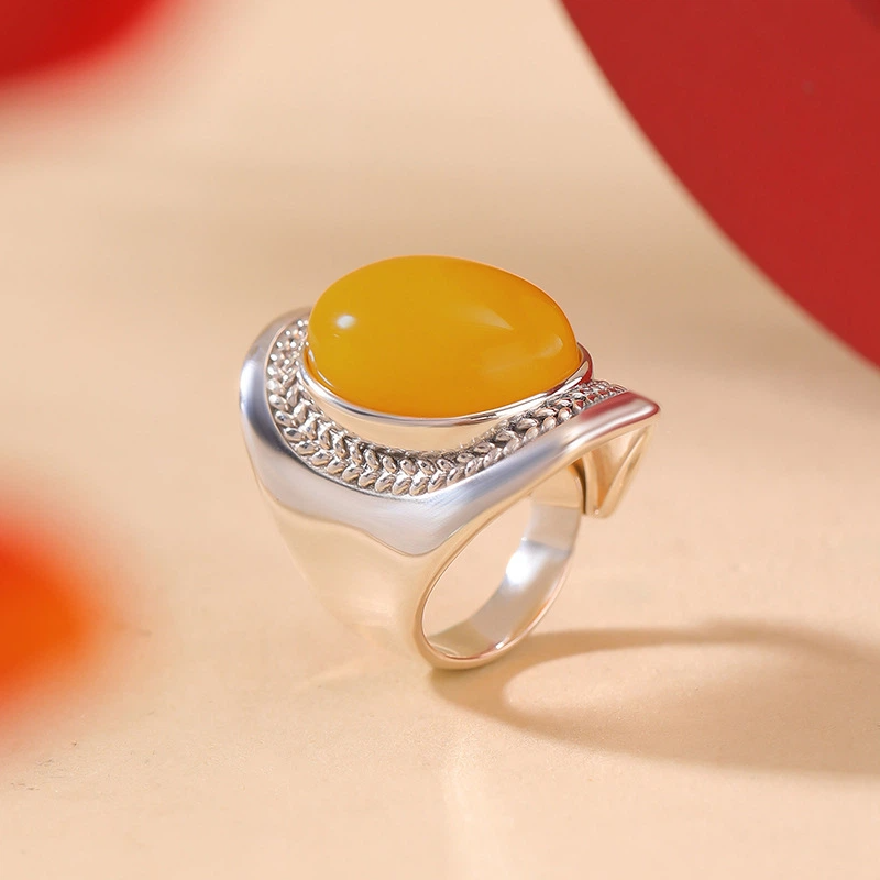 TerraDharma "Prosperity Abundance & Auspicious Protection" Egg-shaped Amber with Wheat Ears Pattern Silver Ring