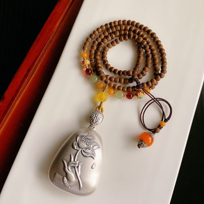 Agarwood Necklace with Sterling Silver Pendant (Matched with The Heart Sutra)