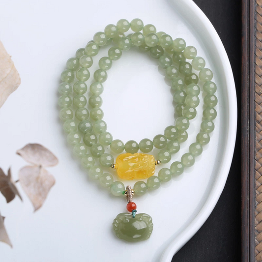 Natural Hetian Jade Bracelet (with Amber Pi Yao and Hetian Jade Crab Pendants)