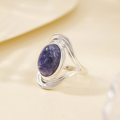 Natural Oval Charoite Sterling Silver Ring (with Simple Design)