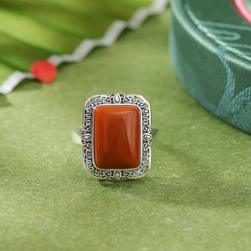 Natural South Red Agate Adjustable Open-Ring （with Auspicious Pattern Sterling Silver)