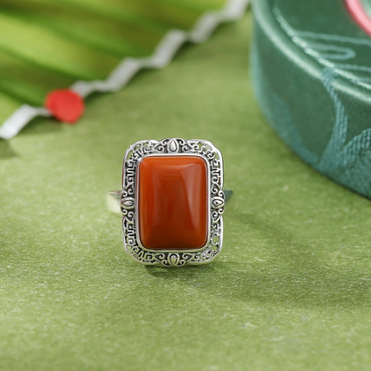 Natural South Red Agate Adjustable Open-Ring （with Auspicious Pattern Sterling Silver)