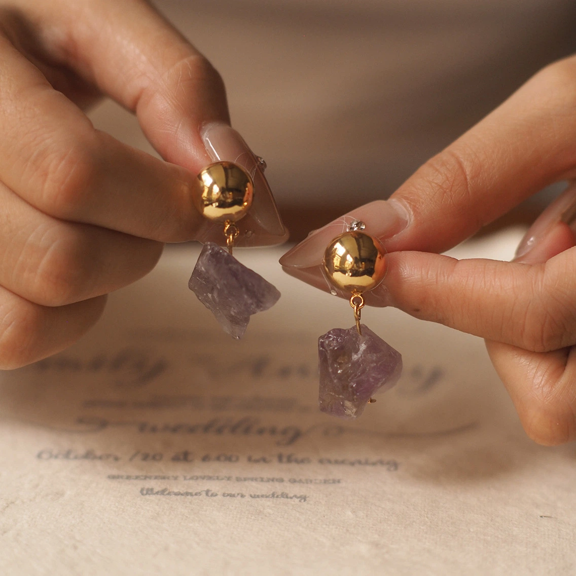 Minimalist Natural White Crystal/Amethyst Earrings