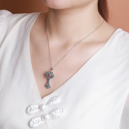 South Red Agate Hollowed-out Carved Pendant Nacklace in the Shape of a Ruyi (Treasure)