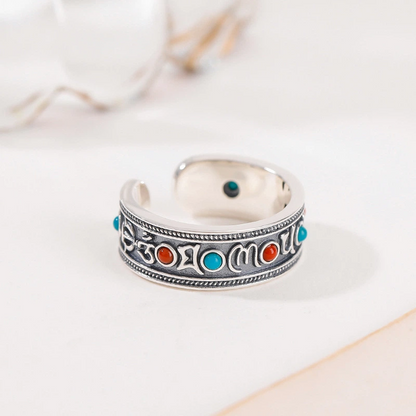 South Red Agate & Turquoise with Six-Syllable Mantra Silver Ring