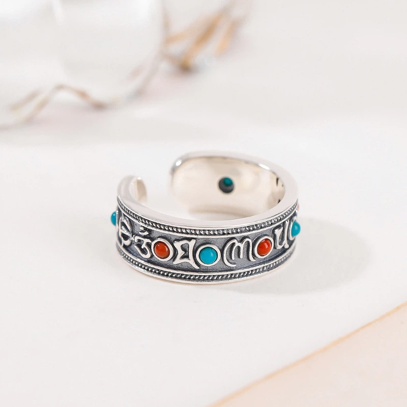 TerraDharma "Mantra Blessing & Mind Cleansing" South Red Agate & Turquoise with Six-Syllable Mantra Silver Open Ring