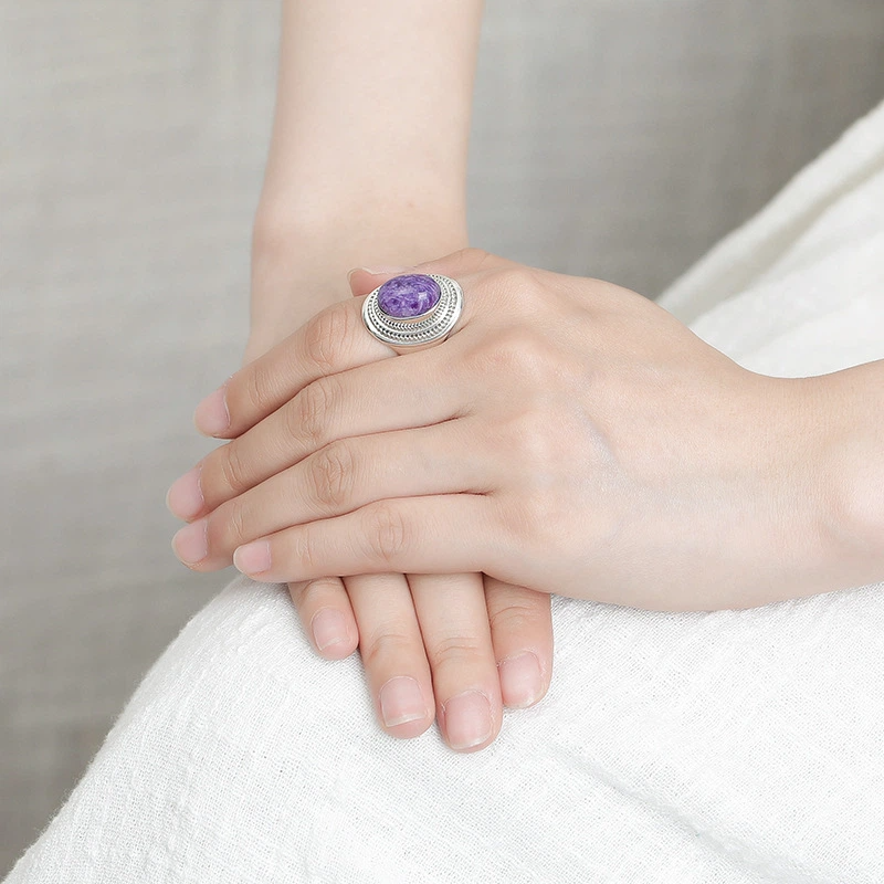 Natural Oval Charoite Sterling Silver Ring