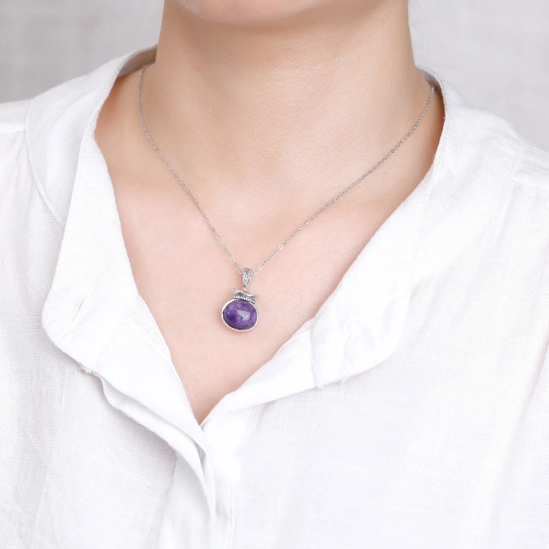 TerraDharma "Positivity Amplification & Fortune Attraction" Charoite & Zhaki Lamu Lucky Bag Pendant Nacklace