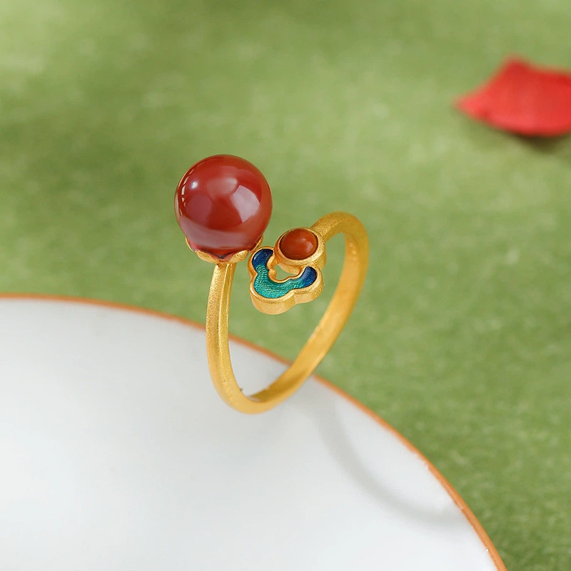 Imperial Cinnabar with Cloisonné Ruyi Pattern Silver Ring