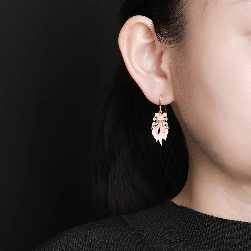 Freshwater Pearl with Pink Enamel Koi Earrings