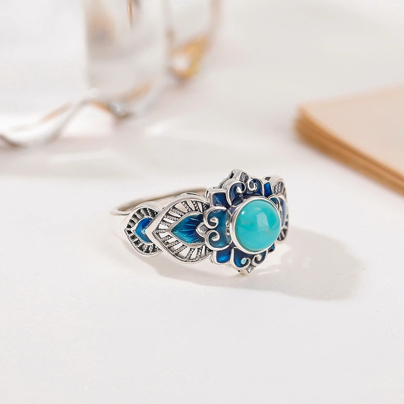 Natural Turquoise Ring (with Enamel and Sterling Silver Engraving)