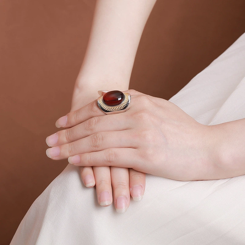 TerraDharma "Courage Ignition & Wealth Attraction" Blood Amber & Wheat Ear - Patterned Ring