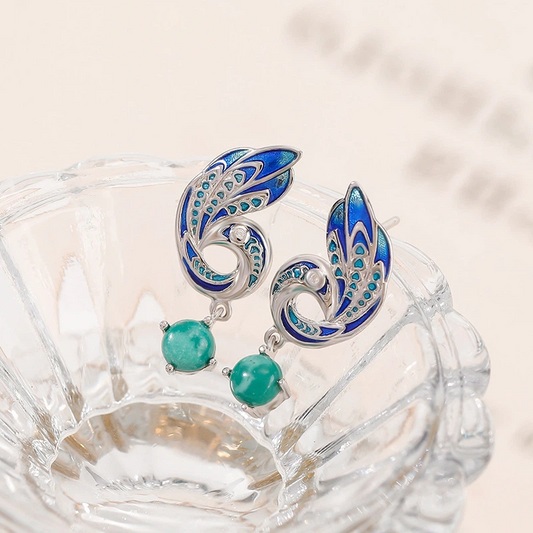 Enamel Peacock-shaped Earrings with Turquoise Stones
