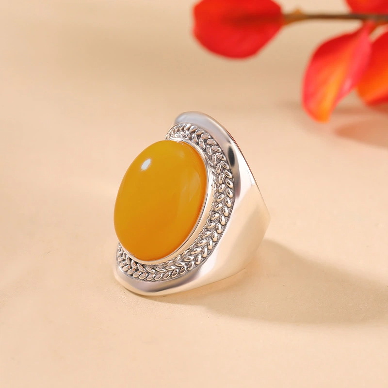 Egg-shaped Beeswax with Wheat Ears Pattern Silver Ring