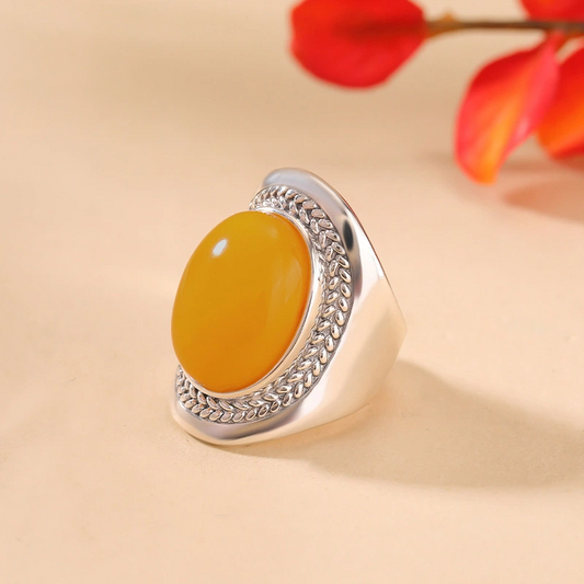 Egg-shaped Beeswax with Wheat Ears Pattern Silver Ring