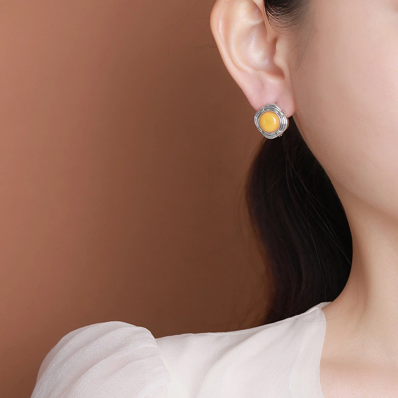 TerraDharma "Mind Purification & Emotional Calming" Amber Rhombus Stud Earrings