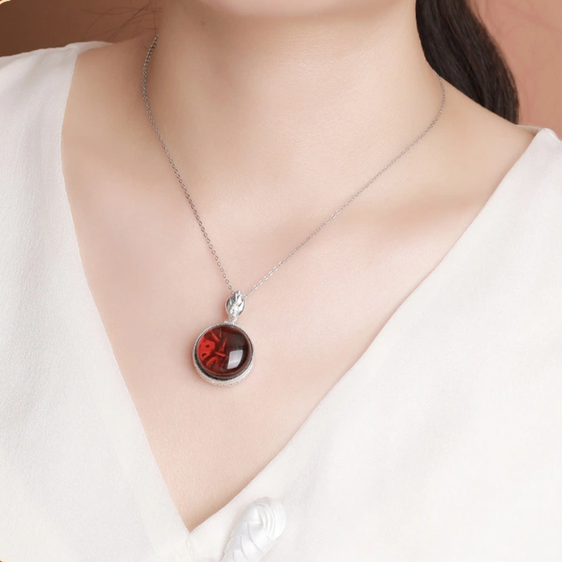 TerraDharma "Timeless Fortune & Resilient Growth" Hollowed-out Pendant Nacklace of Nature Amber / Blood Amber