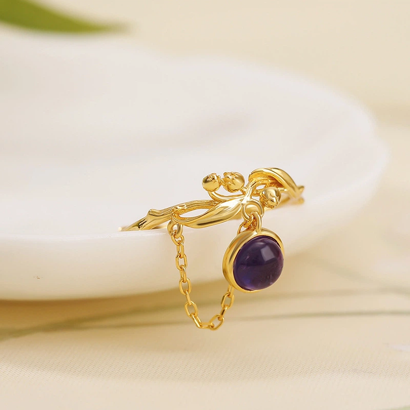 TerraDharma "Mind Purification & Resilient Fortune" Amethyst & Gilded Tulip Open Ring
