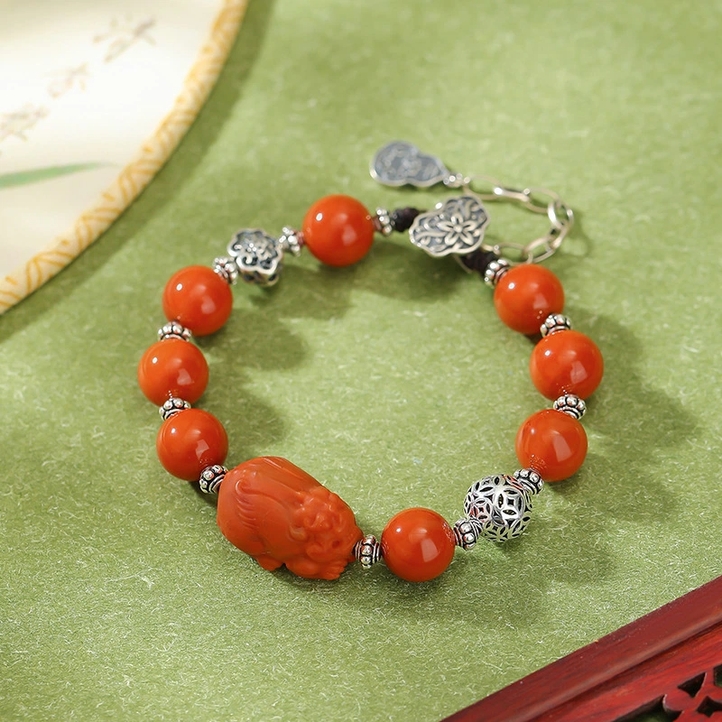 South Red Agate & Pi Yao with Silver Charm Bracelet