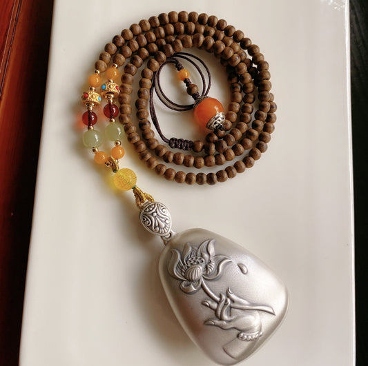 Agarwood Necklace with Sterling Silver Pendant (Matched with The Heart Sutra)