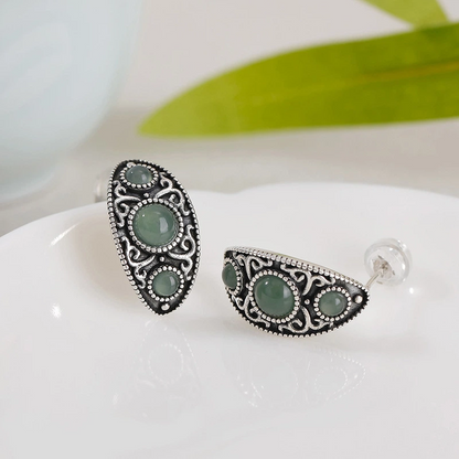 Blue Water Jadeite & Silver Scroll (Tang - Grass) Pattern Earrings