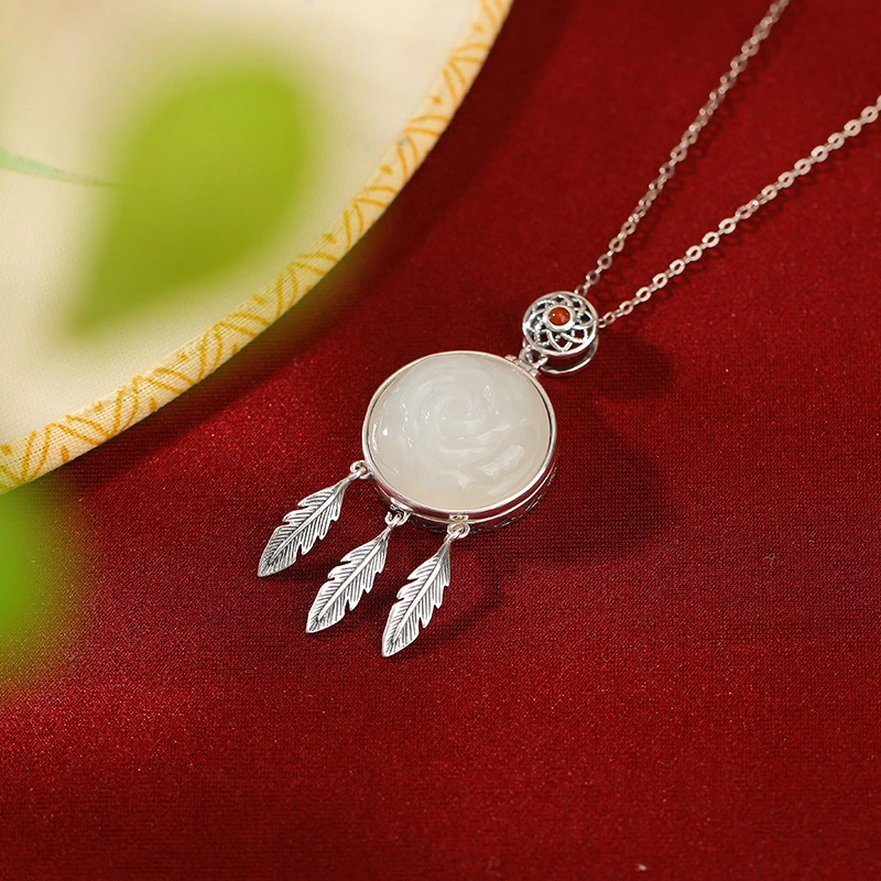 TerraDharma "Romantic Blessing & Sweet Fortune" South Red Agate & Hetian Jade Vintage Rose with Feather Tassel Pendant Nacklace