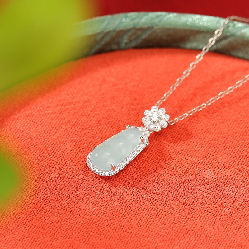 TerraDharma "Longevity Blessing & Fruitful Luck" Blue Water Jade of Fortune Pod Pendant Nacklace (with Sterling Silver)