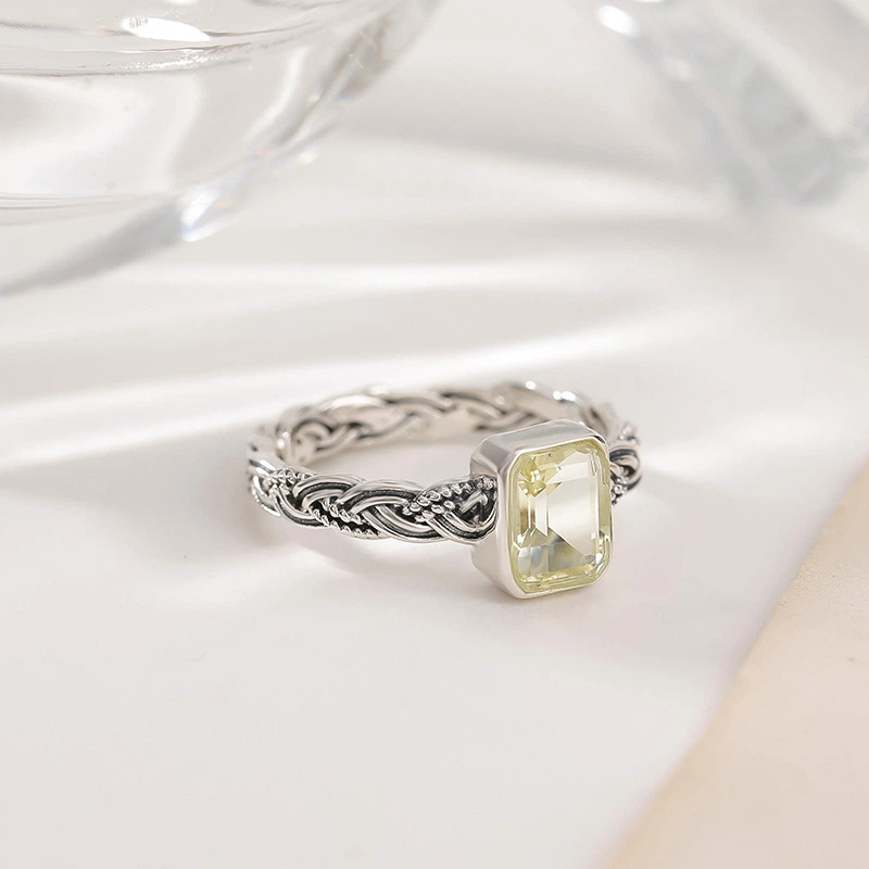 Retro Open Ring with Citrine/Amethyst and Silver Weaving Pattern