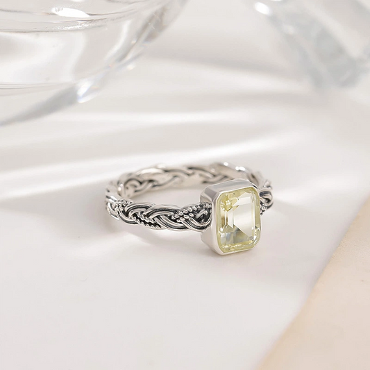 Retro Open Ring with Citrine/Amethyst and Silver Weaving Pattern