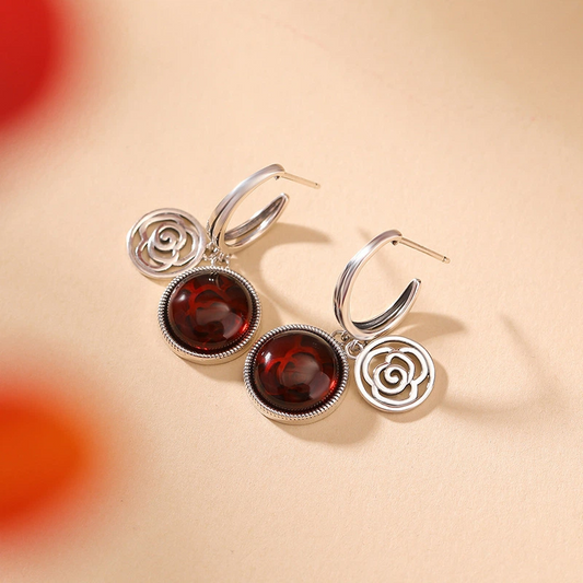 Blood Amber &amp; Hollow - Out Rose Silver Earrings