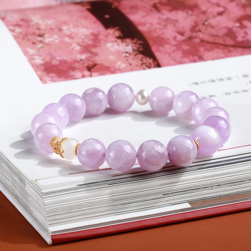 Natural Kunzite Crystal Bracelet (with Hetian Jade Gourd Accessory)