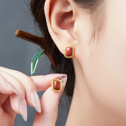 South Red Agate & Twisted - Pattern Stud Earrings