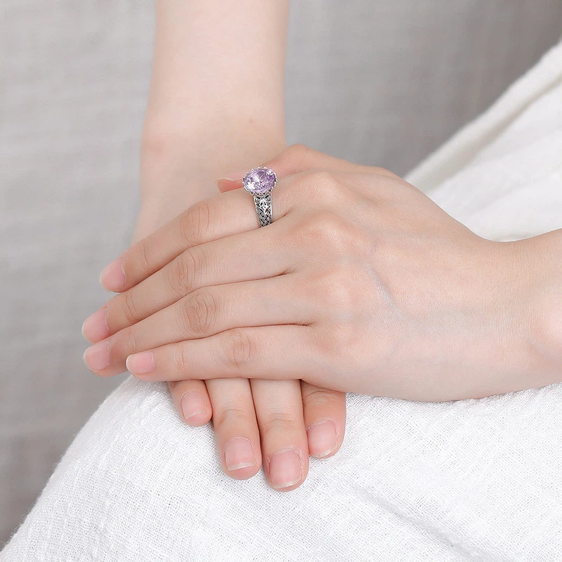 Amethyst & Lotus - Engraved Silver Ring