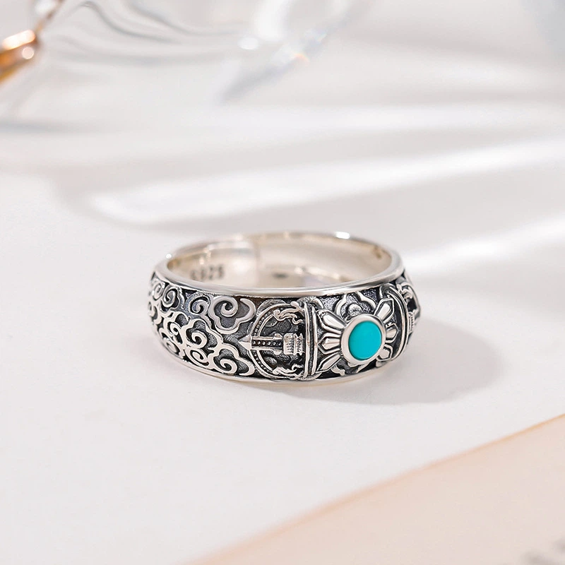 TerraDharma "Divine Protection & Chakra Soothing" Turquoise & Vajra - Shaped Sterling Silver Open Ring