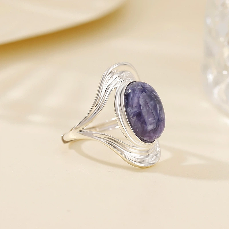 TerraDharma "Spiritual Awakening & Balance Restoration" Natural Oval Charoite Sterling Silver Ring (with Simple Design)