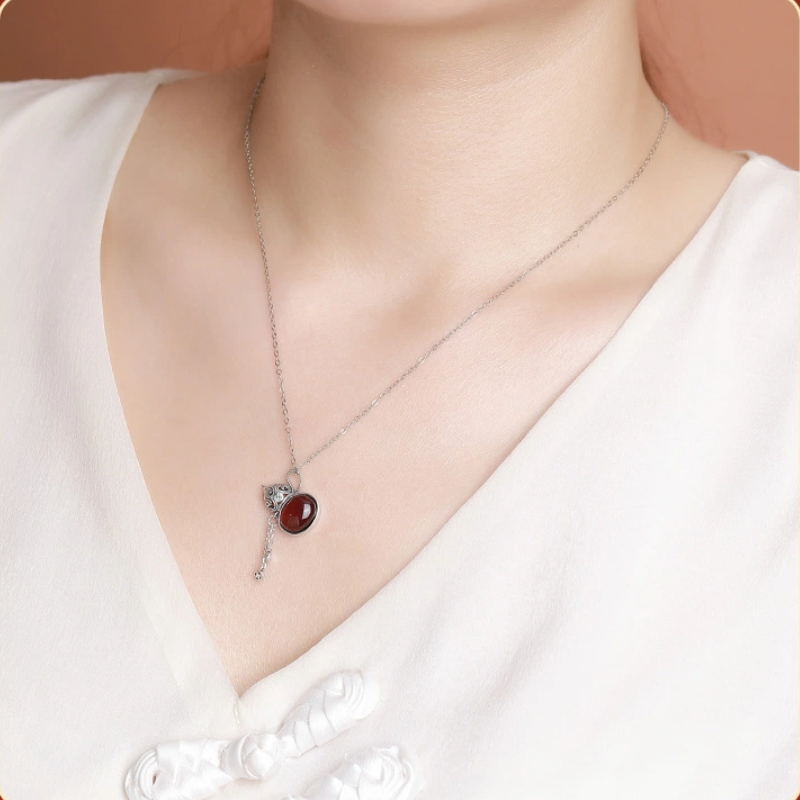 TerraDharma "Blessing Container & Fortune Gathering" Amber / Blood Amber of Gourd-shaped Pendant Nacklace with Tassel