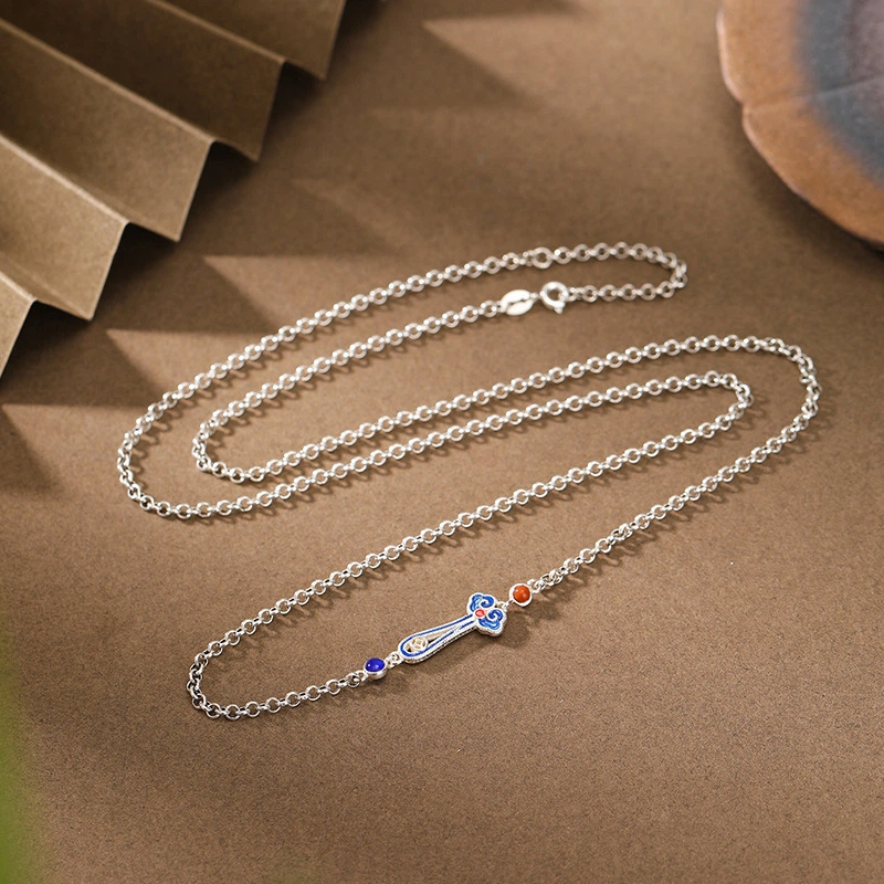 South Red Agate & Cloisonné Ruyi Sterling Silver Necklace