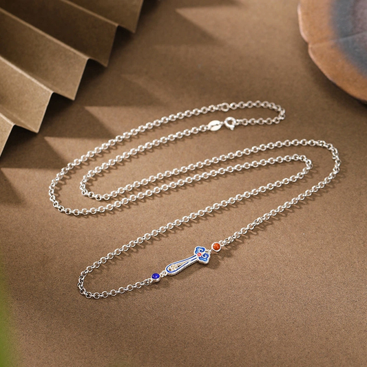 South Red Agate & Cloisonné Ruyi Sterling Silver Necklace