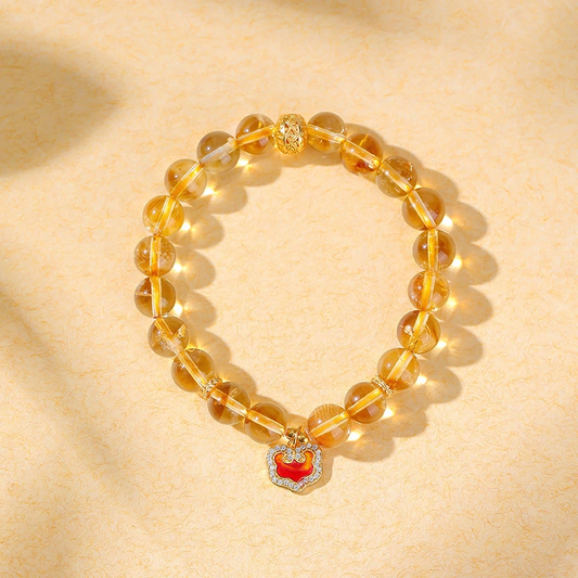 Citrine Lucky Charm Bead Bracelet (with Gold-plated Sterling Silver Ruyi Pendant)