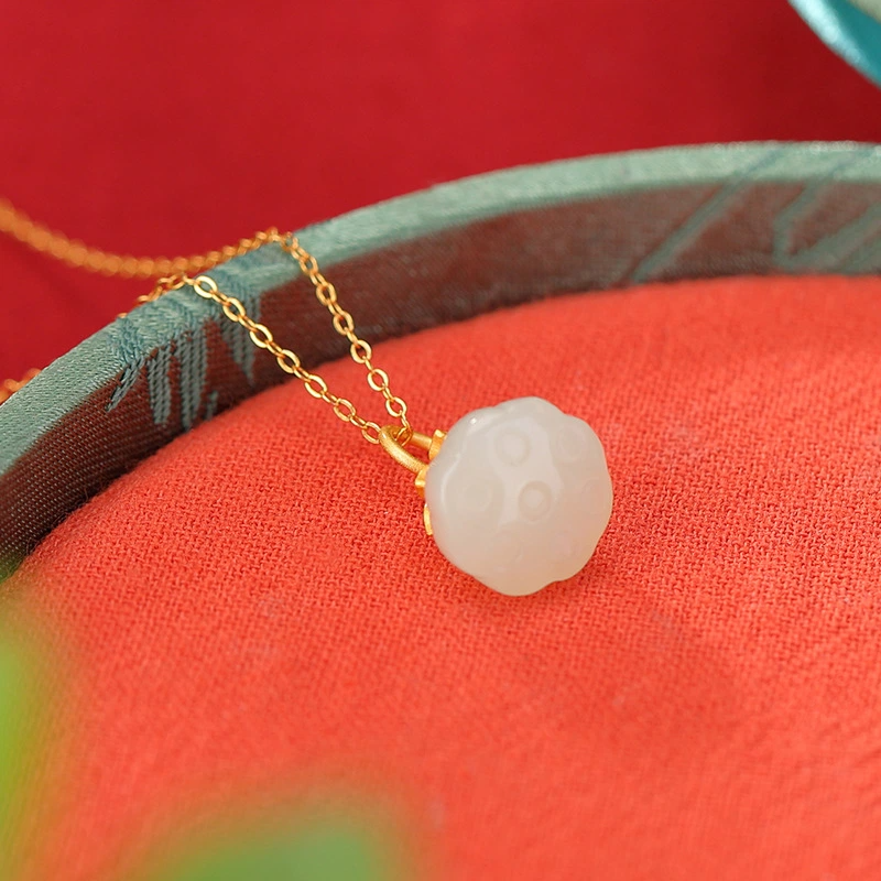 Hetian Jade of Lotus Pod Pendant Nacklace (with Gold-plated Sterling Silver)