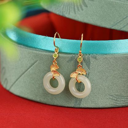 Hetian Jade Peace Amulet &amp; Gilded Ginkgo Leaf Earrings