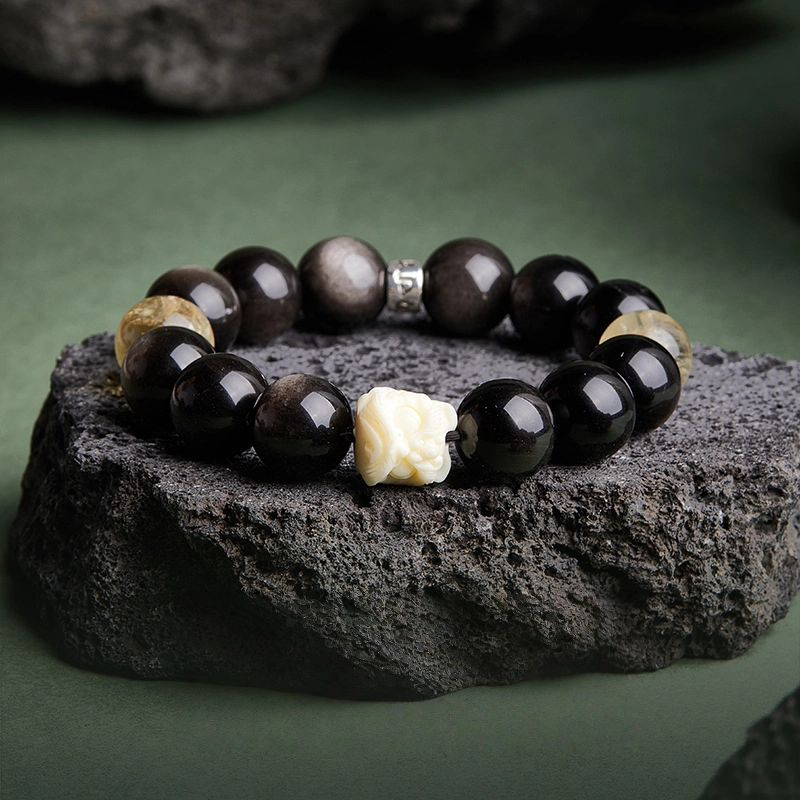 Ivory Nut of Awakening Lion & Lemon Quartz and Silver Obsidian Bracelet