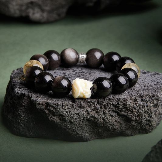 Ivory Nut of Awakening Lion & Lemon Quartz and Silver Obsidian Bracelet